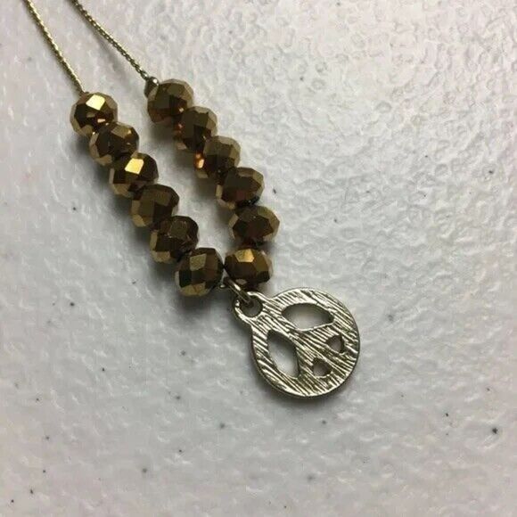Peace Sign Necklace Dainty Gold Tone Chain Faceted Metallic Glass Beads - Picture 5 of 6